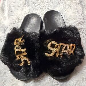 Luxurious Black Fur Slippers with Gold STAR Detail